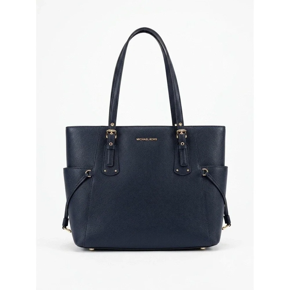 Michael Kors Navy Saffiano Leather Tote Bag Gold Hardware Structured Shoulder